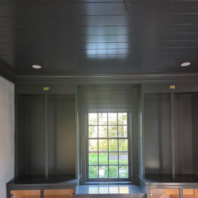 Dark wood accent wall paneling in a refined home office